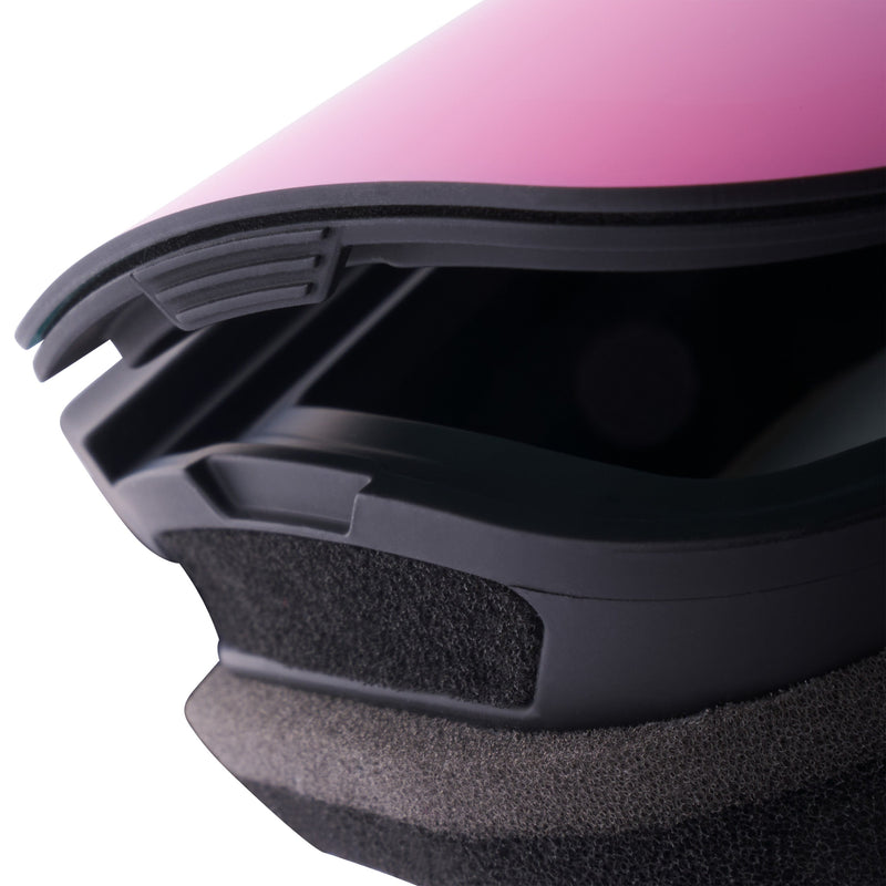 Pink Purple | detail_shot.jpg | Close-up detail of the lens lifting up on a black plastic frame, textured foam padding, and a pink upper shell against a white background.