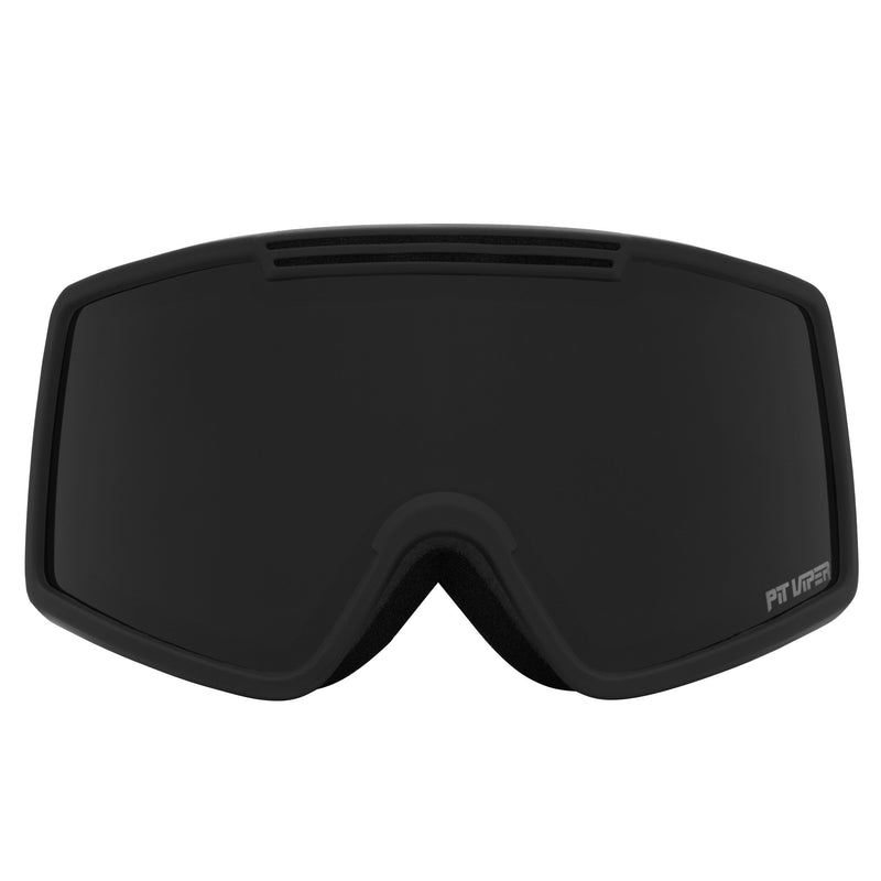 Smoke / Small | full_frontal.JPG | Black ski goggles with a matte black lens and a small white 'PIT VIPER' logo on the lower right side of the lens, shown against a plain white background.