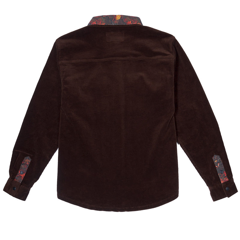 | it_the_back.JPG | A dark brown corduroy button-down shirt shown from the back, featuring a patterned inner collar and matching patterned fabric accents on the cuffs.
