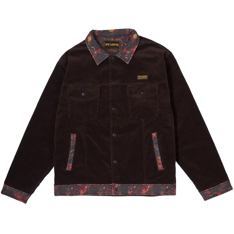| full_frontal.JPG | A dark brown corduroy jacket with a red and black patterned inner collar, cuffs, and hem, featuring two chest pockets and a small 'Pit Viper' brand patch on the left chest, displayed on a clean white background.