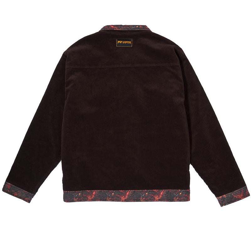 | it_the_back.JPG | A dark brown corduroy jacket shown from the back, featuring a small black and yellow 'Pit Viper' brand patch on the upper back and a red and black marbled pattern on the collar, hem, and cuffs.
