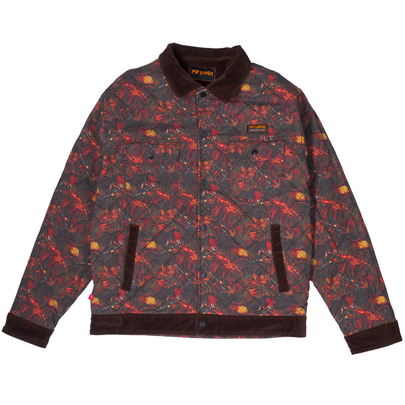 | its_reversible.JPG | A dark gray work jacket with an all-over red and orange flame print, featuring dark brown corduroy collar, cuffs, and hem, with vertical pockets on the front.