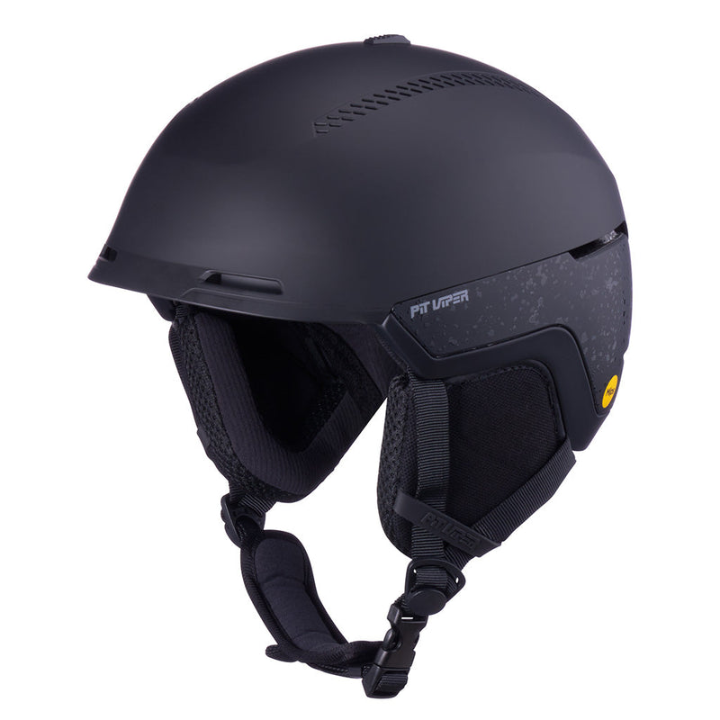 | side_view.JPG | A matte black ski helmet with integrated ear muffs and a chin strap, featuring a small yellow logo and 'PIT VIPER' branding on the side, set against a plain white background.