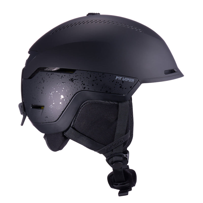 | even_more_side_view.JPG | A matte black ski helmet with a subtle speckled pattern on the visor, featuring the 'RT Viper' branding on the side, set against a plain white background.
