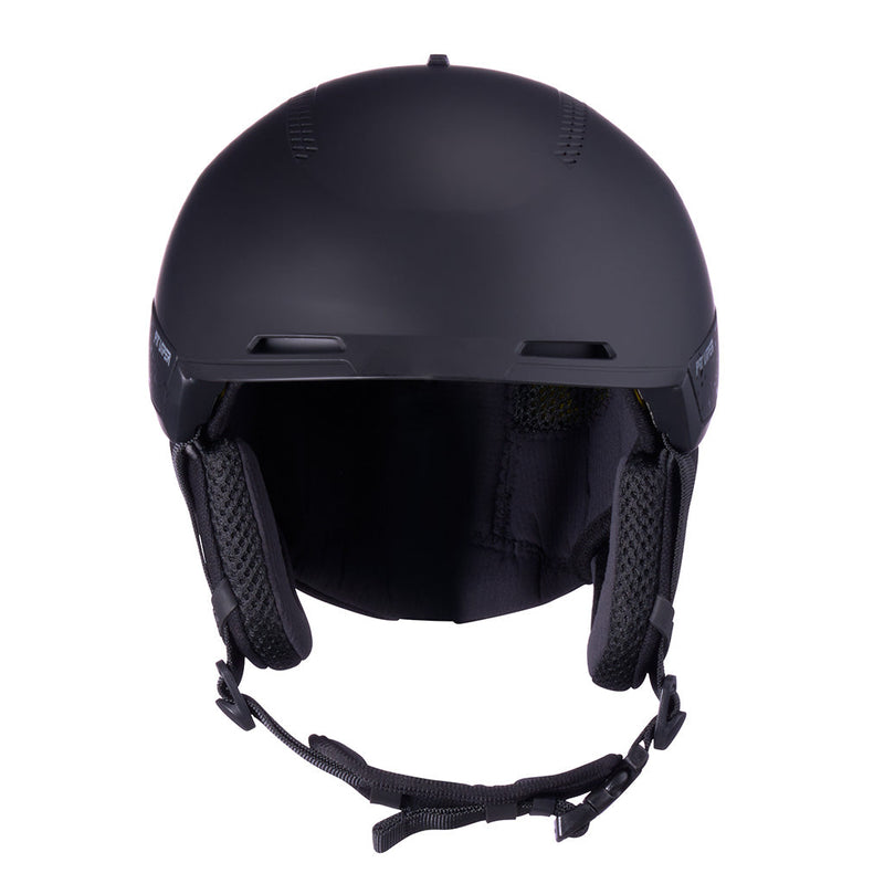 | full_frontal.JPG | A matte black ski helmet with a dark interior padding and adjustable chin strap, shown from the front on a solid white background.