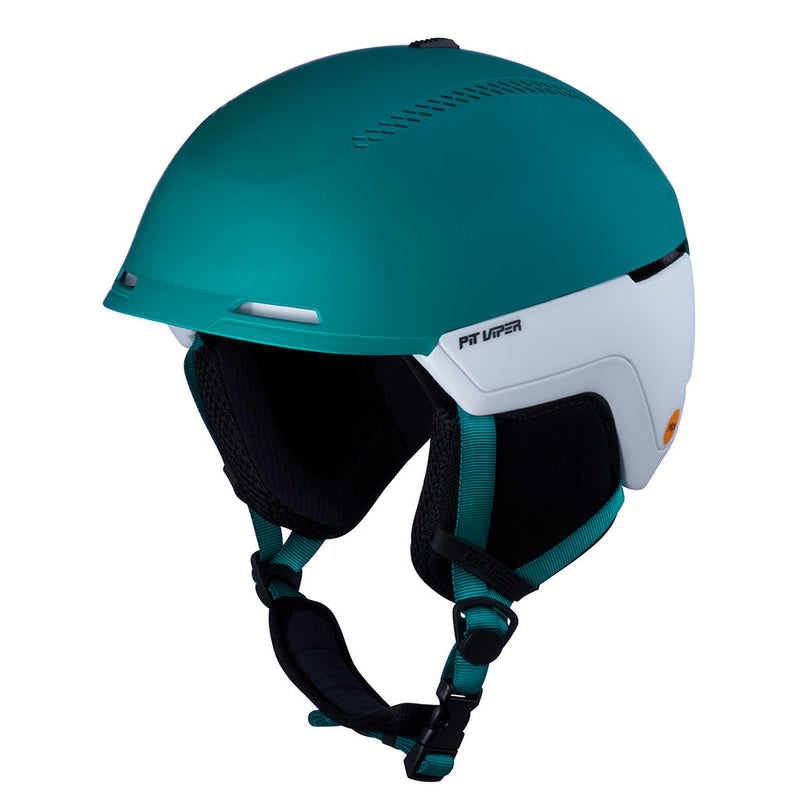 | side_view.JPG | A teal and white ski helmet with black interior padding and straps, featuring the 'PIT VIPER' branding on the side, set against a plain white background.