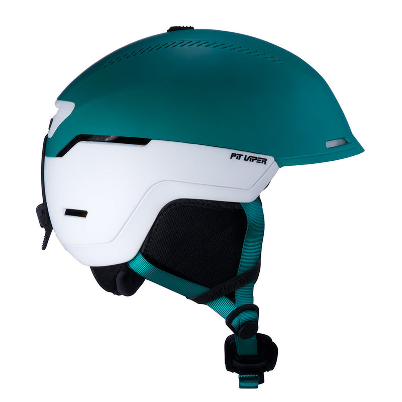 | even_more_side_view.JPG | A matte teal and white ski helmet with black chin padding and a teal chin strap, shown from a side profile on a white background. The brand name 'PIT VIPER' is printed on the side.