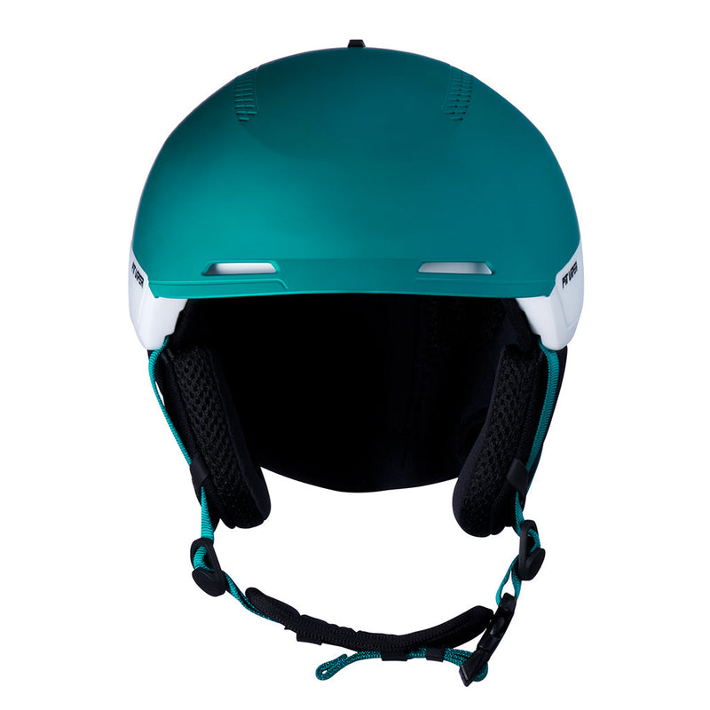 | full_frontal.JPG | A matte teal ski helmet with white side accents, black interior padding, and a black chin strap with teal details, shown against a plain white background.