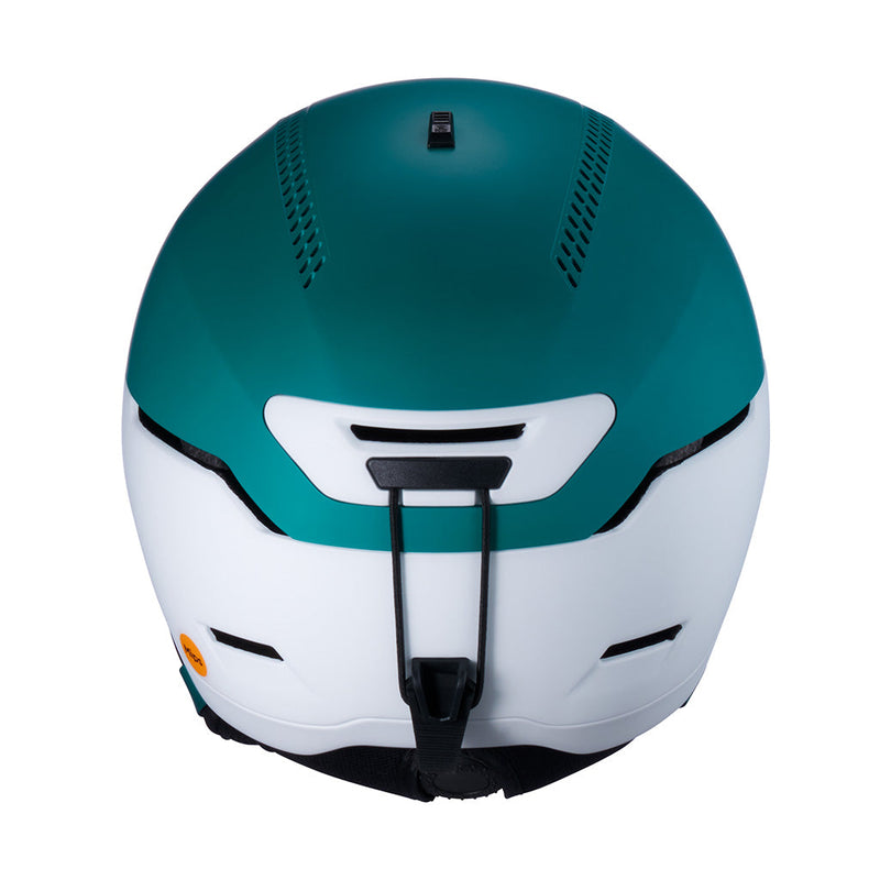 | it_the_back.JPG | A helmet shown from the rear, featuring a matte teal green top half and a white lower half, with black ventilation grilles and a central chin strap.