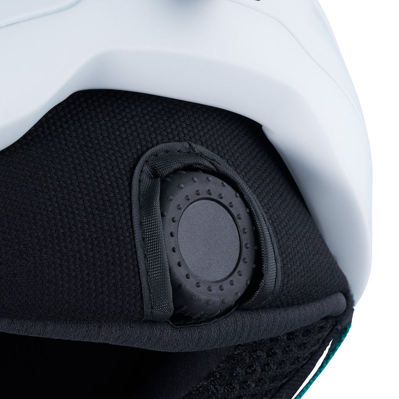 | dial_up.JPG | Close-up of a black adjustable helmet liner with a textured dial closure, attached to a white helmet shell.