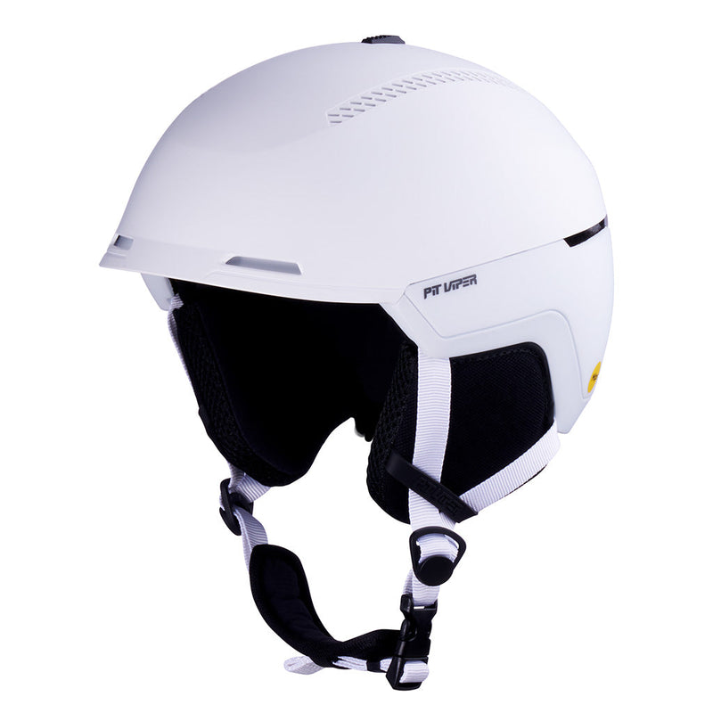 | side_view.JPG | A white ski helmet with black interior padding and straps, featuring the 'Pit Viper' brand name on the side, set against a plain white background.