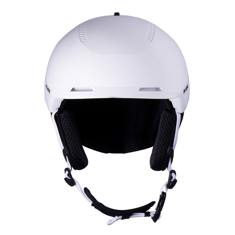 | full_frontal.JPG | A white ski helmet with a black interior padding and white/black chin strap, shown from the front on a solid white background.