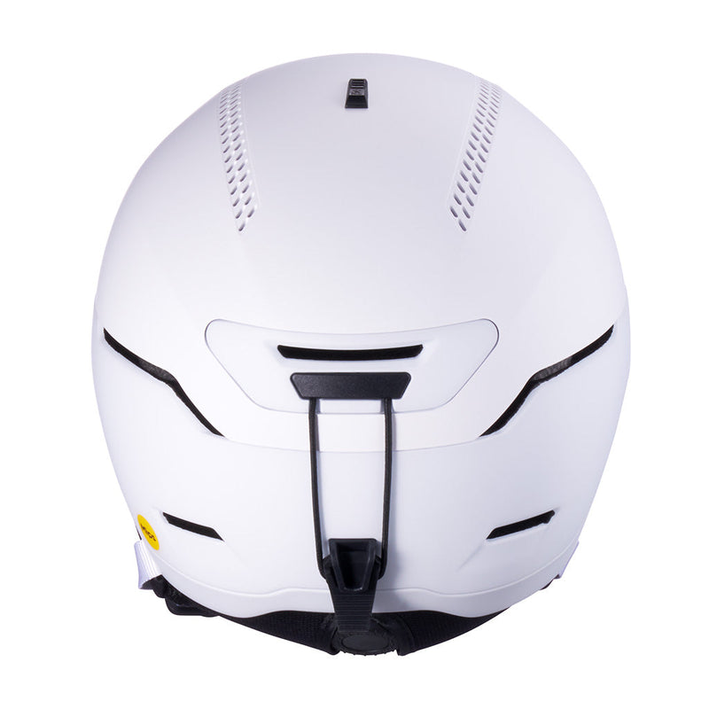 | it_the_back.JPG | A white full-face helmet shown from the rear, featuring black ventilation slots, a black chin strap, and a small yellow sticker on the lower left side, set against a plain white background.