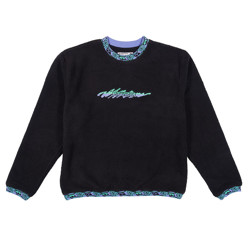 | full_frontal.JPG | A black long-sleeve crewneck sweatshirt with a colorful abstract graphic on the chest and patterned trim on the collar, cuffs, and hem, displayed flat against a white background.