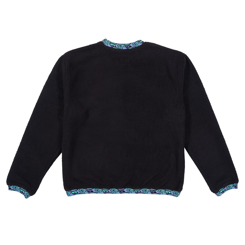 | it_the-back.JPG |  black fleece crewneck sweatshirt shown from the back, featuring a distinctive blue and black geometric patterned trim on the collar, cuffs, and hem, set against a plain white background.