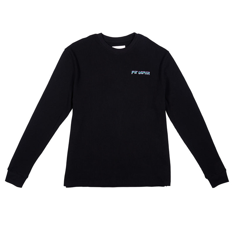 | full_frontal.JPG | A black long-sleeve crewneck sweatshirt with a small 'PUSH' graphic printed on the left chest, displayed flat against a solid white background.