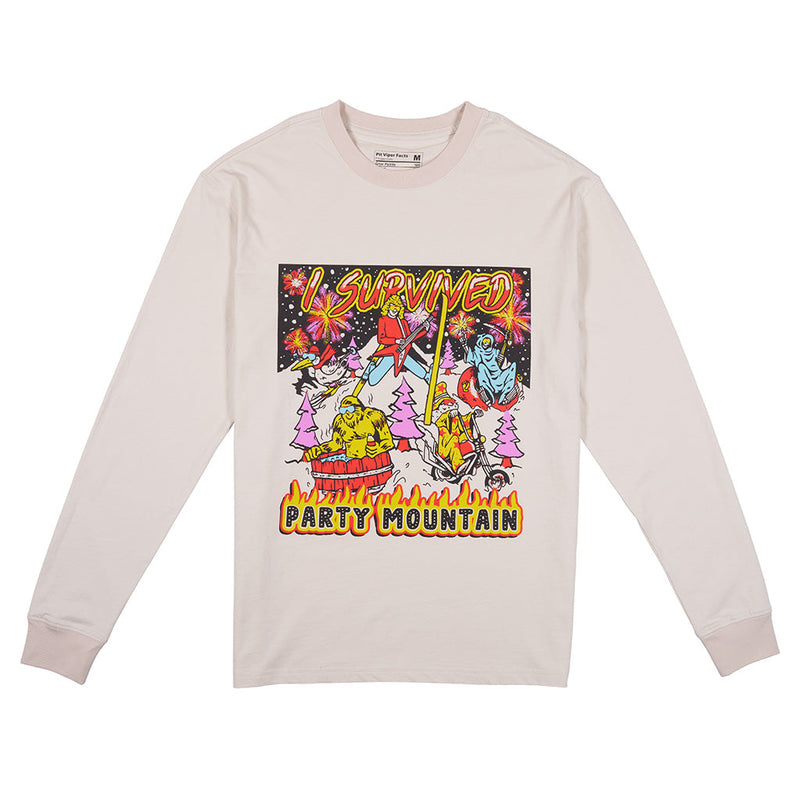 | full_frontal.JPG | A light beige long-sleeve t-shirt with a colorful graphic print on the front featuring cartoon characters, a party hat, and the text 'SURVIVED PARTY MOUNTAIN'.