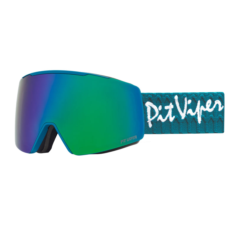 Blue-Green | side_view.JPG | Ski goggles with a blue-to-green mirrored lens, a black nose bridge, and a textured teal strap featuring the white Pit Viper logo.