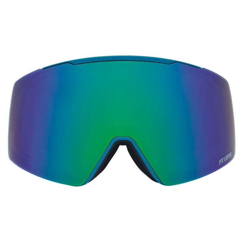 Blue-Green | full_frontal.JPG | A pair of ski goggles with a large shield-style lens featuring a blue-to-green mirrored gradient. The brand name 'PIU PIA' is visible in white text on the bottom right corner of the lens.