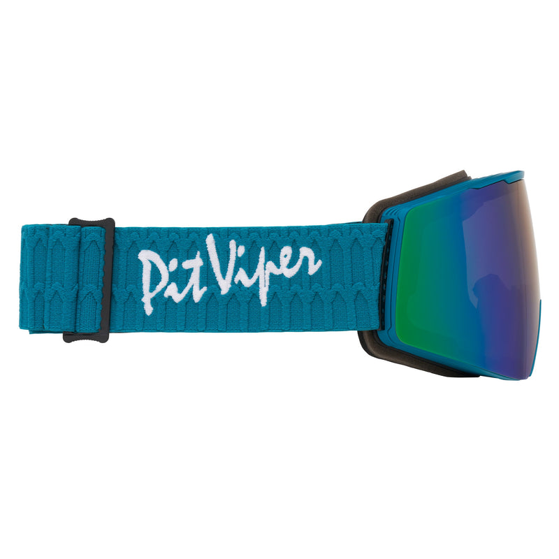 Blue-Green | even_more_side_view.JPG | A pair of ski goggles with a teal blue strap featuring the white 'Pet Viper' logo, a black frame, and an iridescent blue-green-purple mirrored lens.