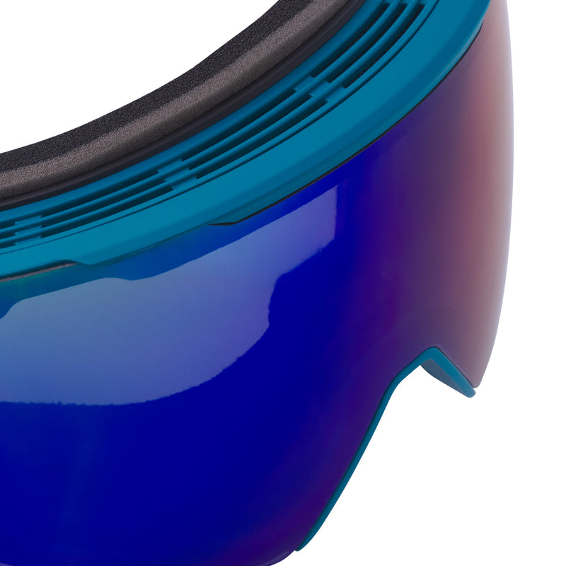 Blue-Green | im_ready_for_my_closeup.JPG | Close-up of a ski or snowboard goggle showing the blue-tinted mirrored lens, teal frame, and black foam padding.