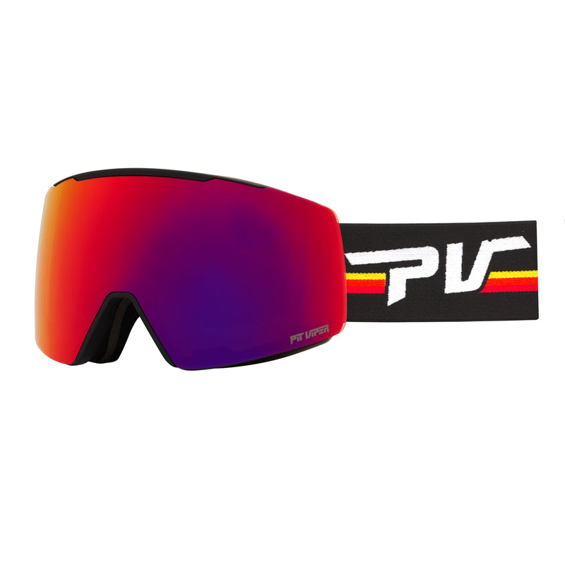 Red | side_view.JPG | Goggles with a large shield-style lens showing a red-to-purple mirrored gradient, black frame, and a black strap with a bold white PV logo and thin yellow stripe accents.
