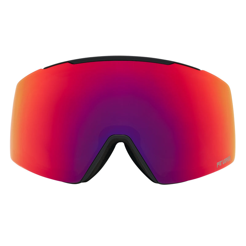 Red | full_frontal.JPG | A pair of ski goggles with a large shield-shaped lens featuring a red-to-purple gradient reflective coating and black frame details, shown against a plain white background.