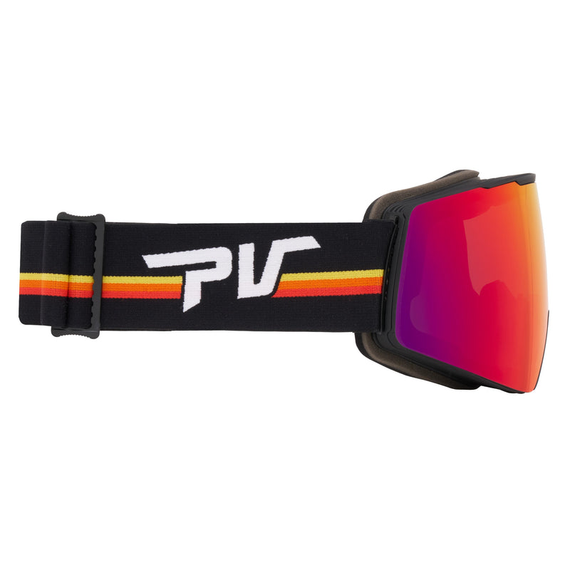 Red | even_more_side_view.JPG | Black ski goggles with a black adjustable strap featuring a white 'PV' logo and yellow and orange stripes, paired with a red-to-orange mirrored lens.