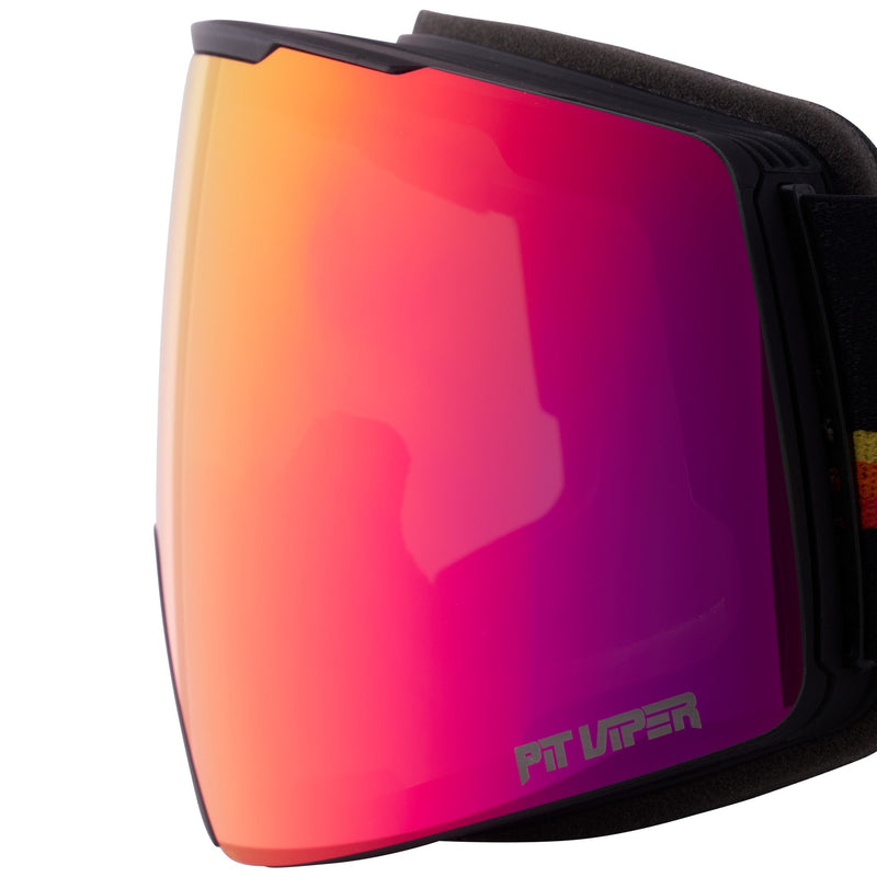 Red | toric_lens.JPG | Close-up of a ski or snowboard goggles lens with a black frame and a vibrant orange-to-pink-to-purple gradient mirror. The brand name 'FIT VIPER' is printed in gray near the bottom right of the lens.