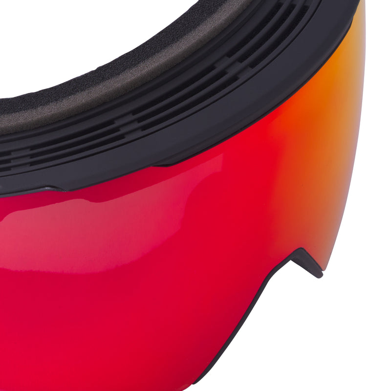 Red | im_ready_for_my_closeup.JPG | Close-up of a ski or snowboard goggle lens showing a red-to-orange mirrored gradient with a black frame edge and foam padding.