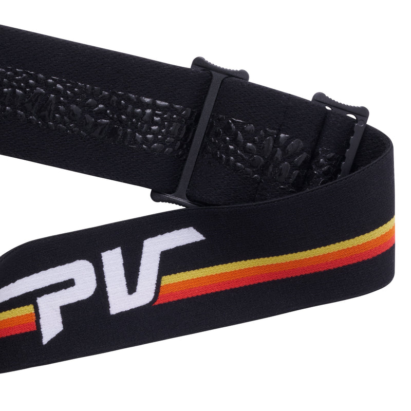 Red | it_a_strap.JPG | Black elastic headband with a textured inner lining, adjustable black plastic buckle, and a white 'PV' logo over a red, orange, and yellow gradient stripe.