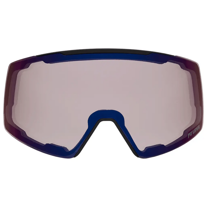 Photochromic Purple | change_your_tint.JPG | A large shield-style ski or snowboard lens with a dark blue frame and a tinted light gray lens, shown against a plain white background.