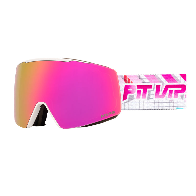 Pink | side_view.JPG | Goggles with a pink-to-orange mirrored lens, white frame details, and a matching pink and white branded strap on a white background.