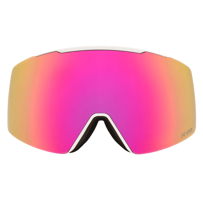 Pink | full_frontal.JPG | A pair of ski goggles with a large shield-style lens featuring a pink-to-yellow gradient mirror finish, a white frame, and black nose pads, shown against a plain white background.