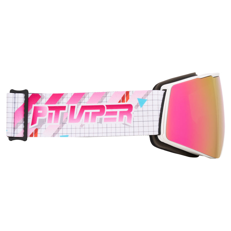 Pink | even_more_side_view.JPG | Ski goggles with a white patterned strap featuring the pink 'PIT Viper' logo, a black and white frame, and a pink-to-yellow mirrored lens.