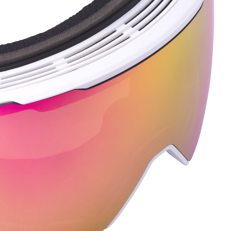Pink | im_ready_for_my_closeup.JPG | Close-up of a ski or snowboard goggle showing the white frame, black ear pads, and a vibrant pink-to-yellow mirrored lens.