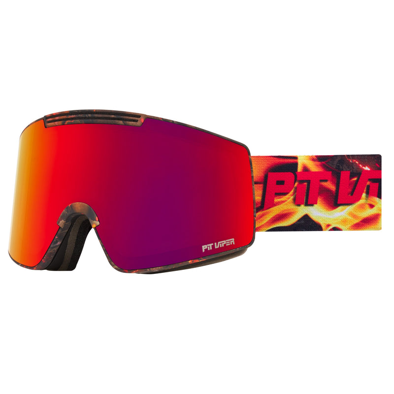 / Red | side_view.JPG | Ski goggles with a large mirrored lens shifting from red to purple, shown with a matching strap featuring a flame graphic and the text 'PT VLT'.