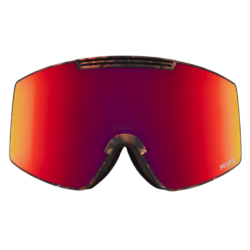 / Red | full_frontal.JPG | A pair of shield-style ski goggles with a large curved lens featuring a red-to-yellow mirrored gradient and a tortoiseshell-patterned frame, shown against a plain white background.