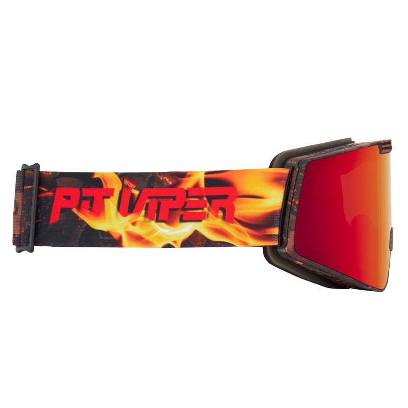 / Red | even_more_side_view.JPG | Side view of Pit Viper ski goggles featuring a fiery orange and yellow flame pattern on the strap, with a red-to-orange mirrored lens.