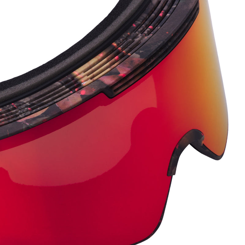 / Red | im_ready_for_my_closeup.JPG | Close-up of a ski or snowboard goggles lens showing a red-to-orange mirrored gradient with black frame details and a textured inner rim, set against a plain white background.