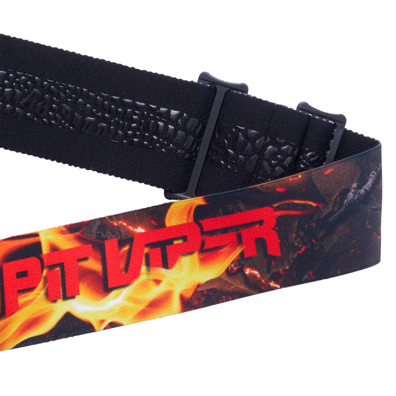 / Red | its_a_strap.JPG | A close-up of a black adjustable strap with a printed graphic featuring red 'Pit Viper' text over a fiery orange and yellow flame design, on a white background.