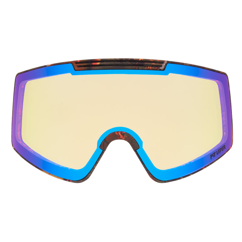 / Red | omg_a_bonus_lens.JPG | A ski or snowboard bonus lens with a blue and purple border and a yellow-tinted lens, shown on a plain white background.
