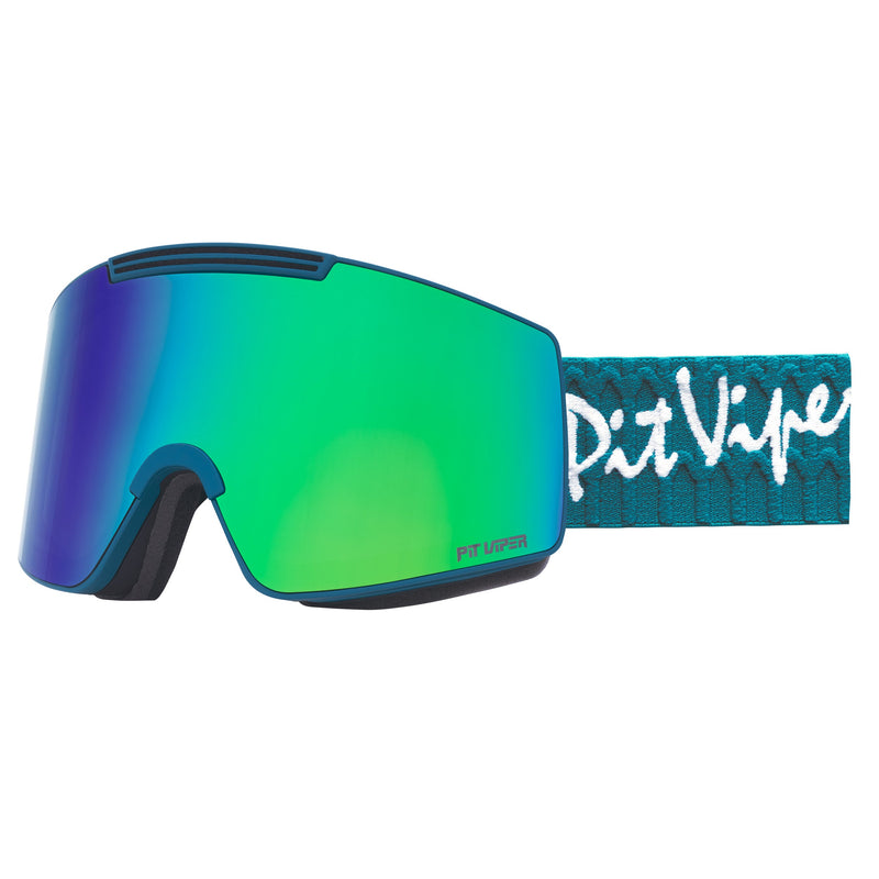| side_view.JPG | Ski goggles with a blue-to-green mirrored lens, black frame details, and a teal knit strap featuring the white Pit Viper logo. 