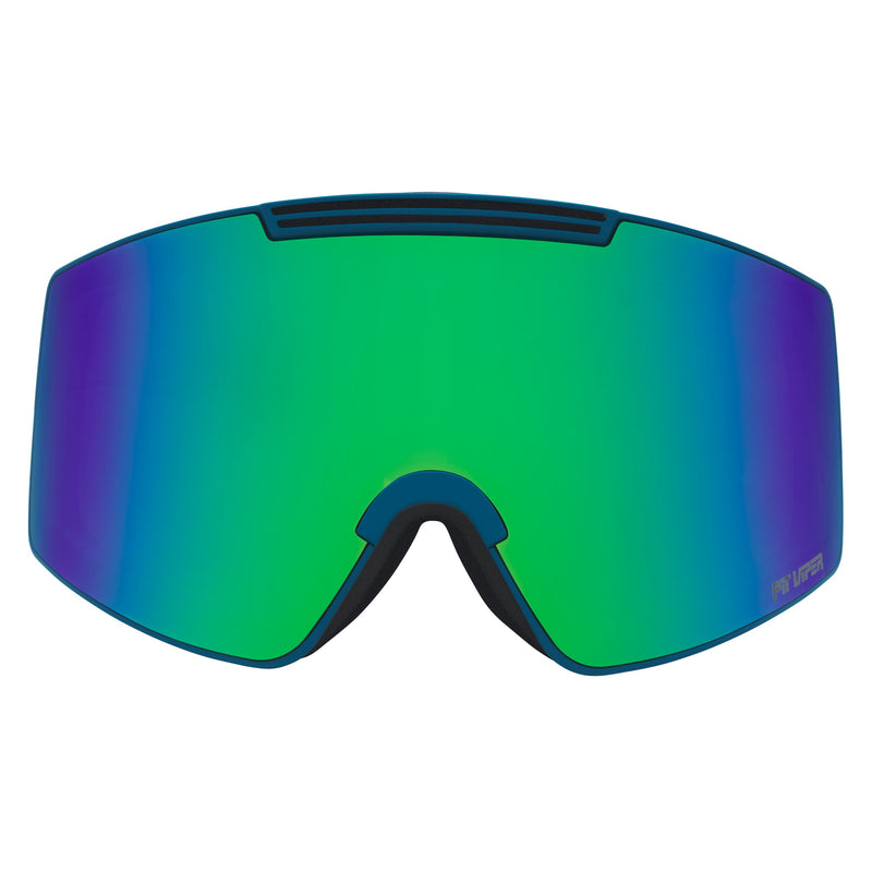 | full_frontal.JPG | A replacement shield-style ski or snowboard lens with a vibrant green-to-blue gradient and purple reflections, shown against a solid white background.