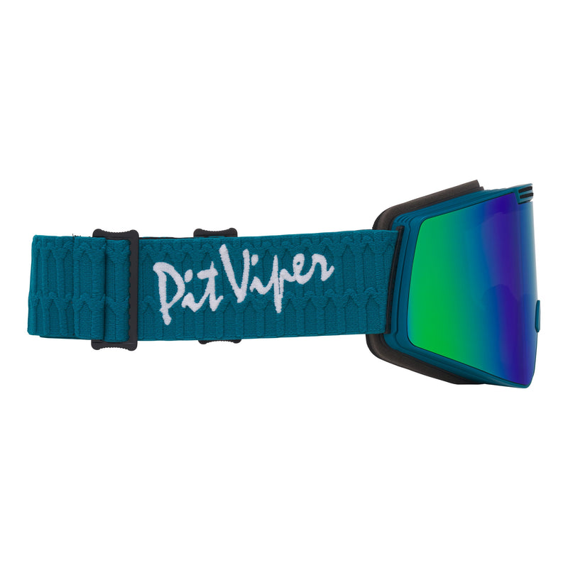 | even_more_side_view.JPG | Teal ski goggles with a black frame and strap, featuring a green-to-blue mirrored lens and a white embroidered 'Pit Viper' logo on the strap.