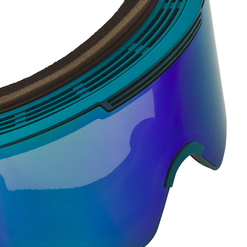| im_ready_for_my_closeup.JPG | Close-up of a ski or snowboard goggles showing a blue-to-purple mirrored lens, teal frame, and dark brown foam padding.