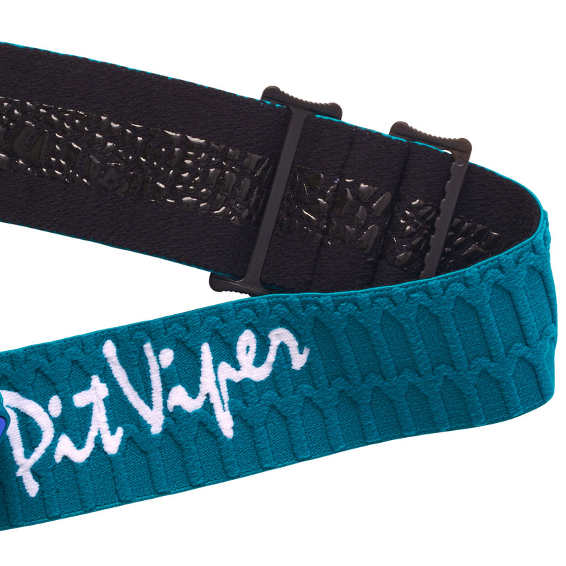 | it_a_strap.JPG | A close-up of a teal and black adjustable strap with a textured knit pattern, featuring the white embroidered brand name 'Pit Viper'.