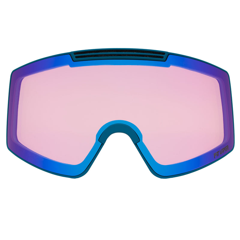 | bonus_lens.JPG | A replacement ski or snowboard lens with a pink-tinted center and a blue outer border, shown against a plain white background.