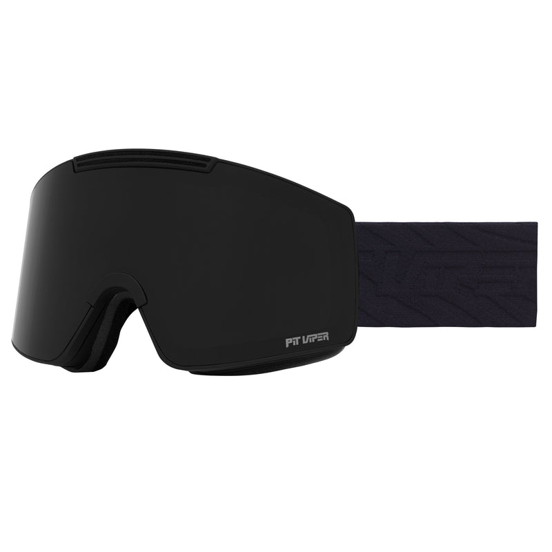 / Smoke | side_viewe.JPG | Black ski goggles with a matching black strap, featuring the 'Pit Viper logo on the lower right corner of the lens, shown against a plain white background.