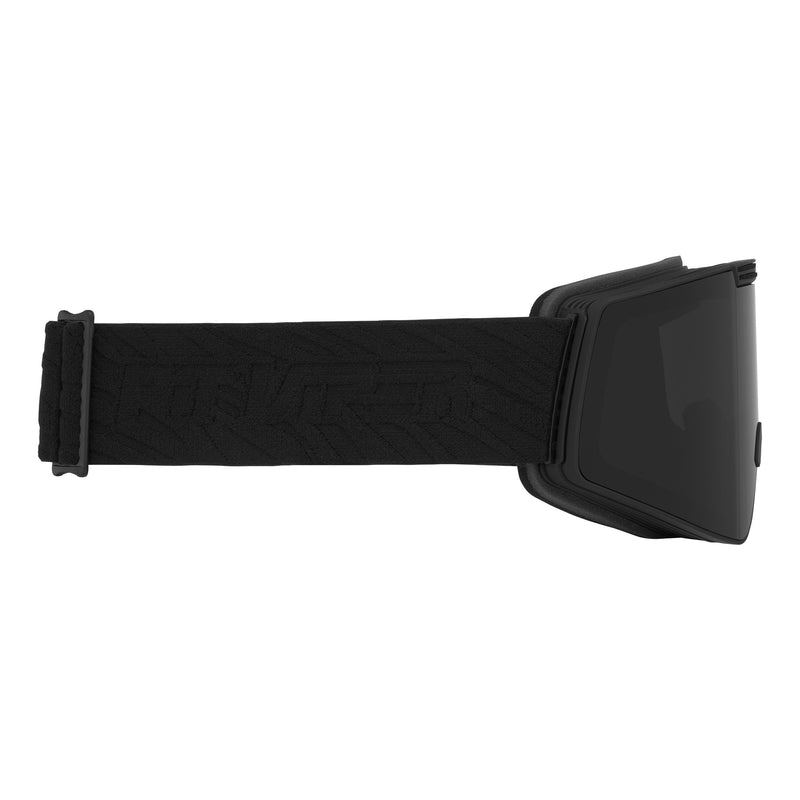 / Smoke | even_more_side_view.JPG | Black snow goggles with a wide, textured elastic strap and a matte black frame, shown from a side profile view on a white background.